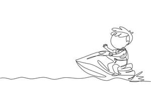 Continuous one line drawing active boy riding jet ski. Happy smiling child with rides water scooter on ocean waves. Summer water sport concept. Single line draw design vector graphic illustration