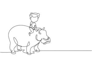 Single continuous line drawing happy little boy riding hippo. Child sitting on back hippopotamus in zoo. Kids learning to ride hippopotamus. Dynamic one line draw graphic design vector illustration