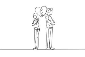 Single continuous line drawing divorced couple or couples are angry. Relationship break up, broken heart, couple facing opposite direction. Dynamic one line draw graphic design vector illustration