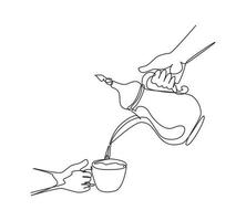 Single continuous line drawing hand pouring hot black coffee from traditional Arabic coffee pot into cup. Brewing coffee at family party. Stainless steel pot. One line draw design vector illustration