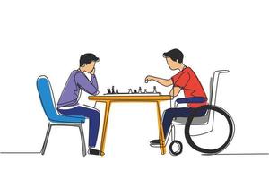 Single one line drawing disabled man in wheelchair plays chess with friend. People on social adaptation, hobby, tolerance, inclusive, accessibility and diversity. Continuous line draw design vector