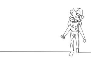 Single continuous line drawing happy man carrying and embracing woman. Happy romantic couple in love. Young couple relationship celebrate wedding anniversary. One line draw graphic design vector