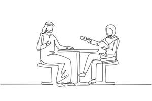 Continuous one line drawing TV presenter Arabian woman interviewing celebrity men in television studio shooting interview. Show host, Muslim guest talking. Single line draw design vector illustration