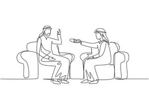 Single continuous line drawing interview with famous person. Television, internet broadcast where Arab journalist talks to celebrity. Journalist, interviewer. One line draw design vector illustration