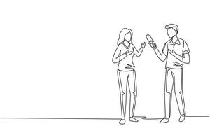 Single one line drawing male tv reporter interviewing questions. Man holding an interview with woman, professional journalist in conversation. Continuous line draw design graphic vector illustration