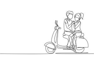 solo un dibujo de una línea jinetes pareja viaje viaje relajarse. momentos románticos de luna de miel sentados y hablando en motocicleta. hombre con mujer montando scooter. vector gráfico de diseño de dibujo de línea continua moderna