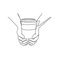 Single one line drawing take away retro illustration of vintage stylized human hands hold paper cup of hot coffee. Coffee break refreshment from work. Modern continuous line draw design graphic vector