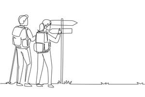 Continuous one line drawing direction pointer, hikers couple, man and woman with backpacks vector. Hiking, traveling, trekking, walking trip, searching way. Single line draw design vector illustration