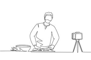 Continuous one line drawing Arabian chef standing in kitchen and cutting onion while filming himself for blog. On kitchen counter are vegetables and spices. Single line draw design vector illustration