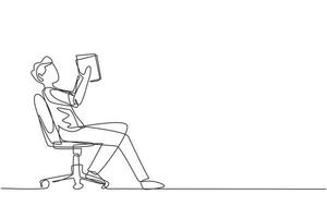 un niño de dibujo de una sola línea continua lee un libro en una silla. vista lateral del proceso de salida del aprendizaje por parte de hombres jóvenes. estilo de niño que pasa el tiempo libre leyendo literatura. vector de diseño de dibujo de una línea