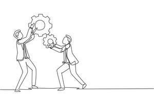 Single one line drawing team of business tech people hold up technology gear collaboration solution. Businessmen lifting two cogs wheel work together. Continuous line draw design vector illustration