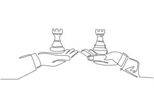 Single continuous line drawing business concept, of businessman hands, one holding rook chess piece and the other hand too. Strategy and management. One line draw graphic design vector illustration