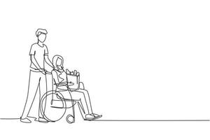 Single one line drawing young man supporting and caring disabled old woman on wheelchair. Volunteer helping with shopping, taking care of senior woman. Continuous line draw design vector illustration