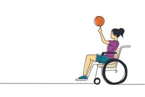 Continuous one line drawing cute girl in wheelchair plays basketball. Disabled person spins basketball on her finger. Exercise for people with disabilities. Single line draw design vector illustration