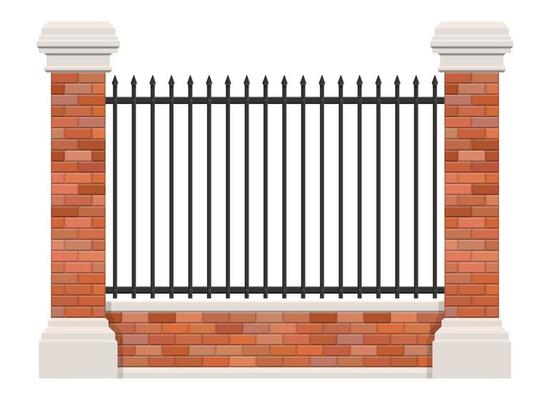 Brick and steel fence isolated on white background