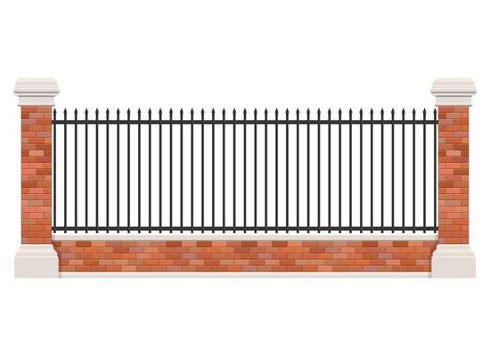 Brick and steel fence isolated on white background