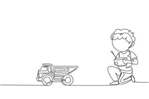 Single continuous line drawing boy playing with remote-controlled dump truck toy. Cute kids playing with electronic dump truck toy with remote control in hands. One line draw graphic design vector