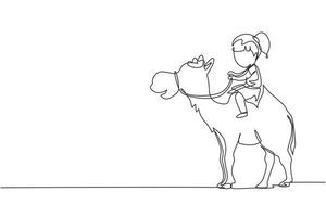 Single continuous line drawing happy little girl riding camel. Child sitting on hump camel with saddle in desert. Kids learning to ride camel. Dynamic one line draw graphic design vector illustration