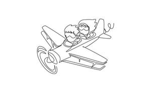 Continuous one line drawing little boy operating plane and a girl as passengers. Kids flying in airplane. Happy smiling kid flying plane like real pilot. Single line design vector graphic illustration