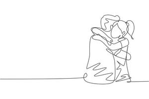 Single continuous line drawing girl is hugging boy with smile. Happy man hugging and embracing woman. Couple dating characters. Happy family concept. One line draw graphic design vector illustration