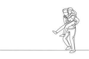 Single continuous line drawing Man carry his girlfriend on his back. Happy romantic couple in love. Relationship concept in always supporting and helping in any situation. One line draw graphic vector