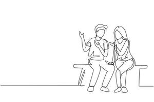 Single one line drawing romantic couple talking while sitting on bench. Happy couple getting ready for wedding. Engagement and love relation. Continuous line draw design graphic vector illustration