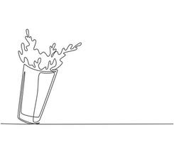 vaso de dibujo continuo de una línea de jugo derramado con salpicaduras. vaso de jugo de naranja fresco salpicado. salpicar jugo de naranja de refresco de vidrio. ilustración gráfica de vector de diseño de dibujo de una sola línea