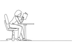 Single continuous line drawing girl student reading book in library or bookshop and sitting on chair at table. People read and study education or pupil learning lesson. One line draw design vector