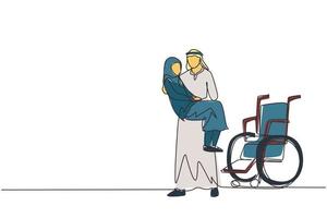 Single one line drawing loving Arab son took his old disabled mother from wheelchair carrying her in his arms. Happy senior lady in hugs of her strong child. Continuous line draw design graphic vector