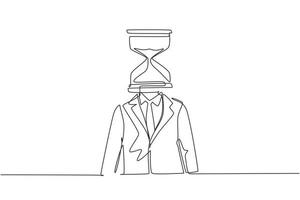 Continuous one line drawing businessman with hourglass instead of head, symbolizing pressure, deadline, schedule, time management. Sandglass clock. Single line draw design vector graphic illustration