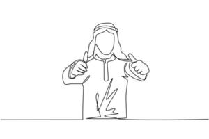 Single continuous line drawing confident Arab businessman thumbs up. Excited male dressed in traditional clothes showing thumbs up sign. Deal, like, agree, approve, accept. One line draw design vector