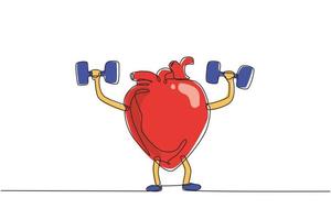 Single one line drawing cute happy healthy smiling heart organ doing exercises with dumbbells weights. Heart face, fitness exercise, sport, lifting concept. Modern continuous line draw design vector