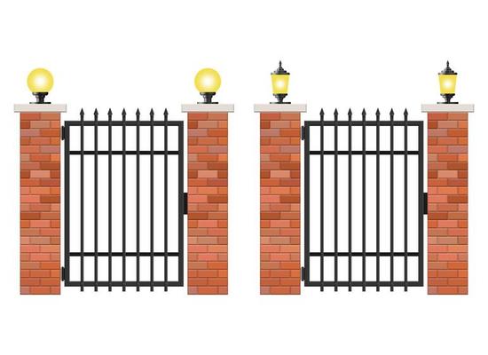 Brick and steel gate isolated on white background