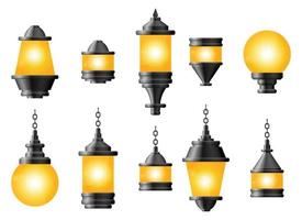 Set of black realistic street light. Street lamp. Vintage lamp vector