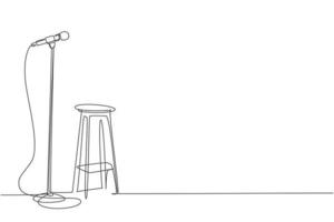 Single continuous line drawing microphone and stool on stand up comedy stage. Equipment at night club or bar for stand up comedian performance. Dynamic one line draw graphic design vector illustration