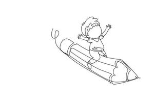 Single one line drawing happy boy sitting on flying pencil, get ready for studying. Kids riding on stationary. Back to school or creative thinking concept. Modern continuous line draw design graphic vector