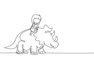 Continuous one line drawing little girl caveman riding triceratops. Young kid sitting on back of dinosaur. Stone age children. Ancient human life. Single line draw design vector graphic illustration