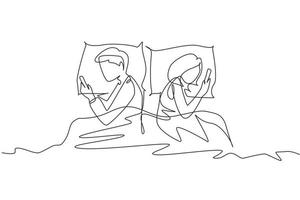 Single continuous line drawing marriage couple lying back to back, using smartphone, social network, smartphone addiction, couple relationship problem with technology. One line graphic design vector