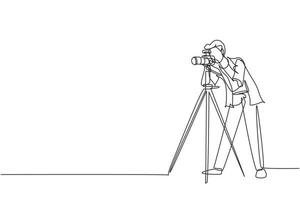 Single one line drawing paparazzi design concept with photographer shooting appearance of show business stars or other celebrities with tripod. Continuous line draw design graphic vector illustration