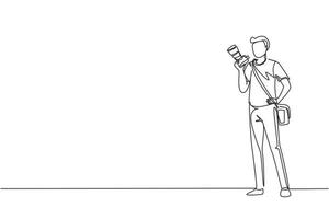 Continuous one line drawing paparazzi and journalist occupation, standing with digital camera and sling bag. Professional photographer taking pictures. Single line draw design vector illustration