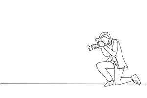 Single one line drawing photographer man male taking pictures. Photo equipment for journalist. Camera digital with high resolution. Studio photography. Continuous line draw design vector illustration