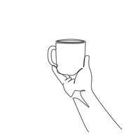 Single one line drawing female hand holding a cup with tea or coffee. Realistic drawing of beautiful hand holding mug with hot beverage. Modern continuous line draw design graphic vector illustration