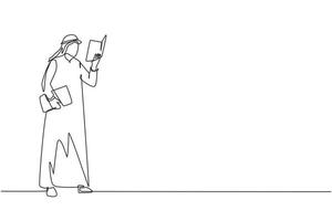 Continuous one line drawing young Arabian man stands and holds book in his hands. Guy reading book. Student in library. Male spending spare time by reading literature. Single line draw design vector