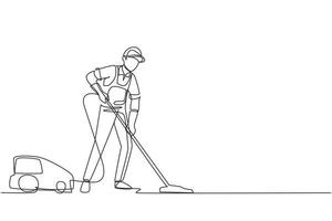 Single one line drawing man with vacuum cleaners of various types isolated on white background. Washing and cleaning service. Disinfection and cleaning. Continuous line draw design vector illustration