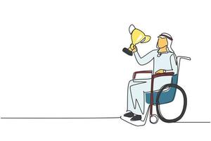 Single one line drawing happy Arabian man in wheelchair hold golden cup trophy winner podium. Disabled person. Tournament game competition, sport training. Continuous line draw design vector