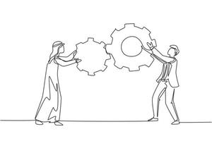 Continuous one line drawing teamwork cooperation in gear mechanism. Two Arab businessmen engaged in business direction to successful. Huge cogwheel machine. Single line draw design vector illustration