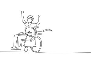 Continuous one line drawing male young wheelchair user crossing red finish line. Happy winner, successful champion. Society, disabled people community. Single line draw design vector illustration
