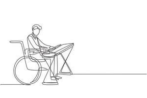 Single continuous line drawing handsome male keyboardist sit wheelchair playing electric keyboard, sing song. Physically disabled. Rehabilitation center. One line draw design vector illustration