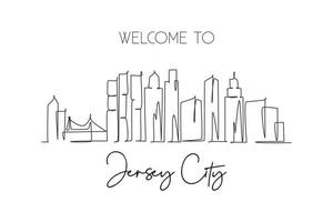 One continuous line drawing of Jersey City skyline, New Jersey. Beautiful landmark. World landscape tourism travel home wall decor poster print. Stylish single line draw design vector illustration