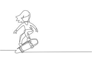 Single continuous line drawing happy smiling girl playing on skateboard. Kid accelerating doing jumping. Children on skateboarding ride at playground. One line draw graphic design vector illustration